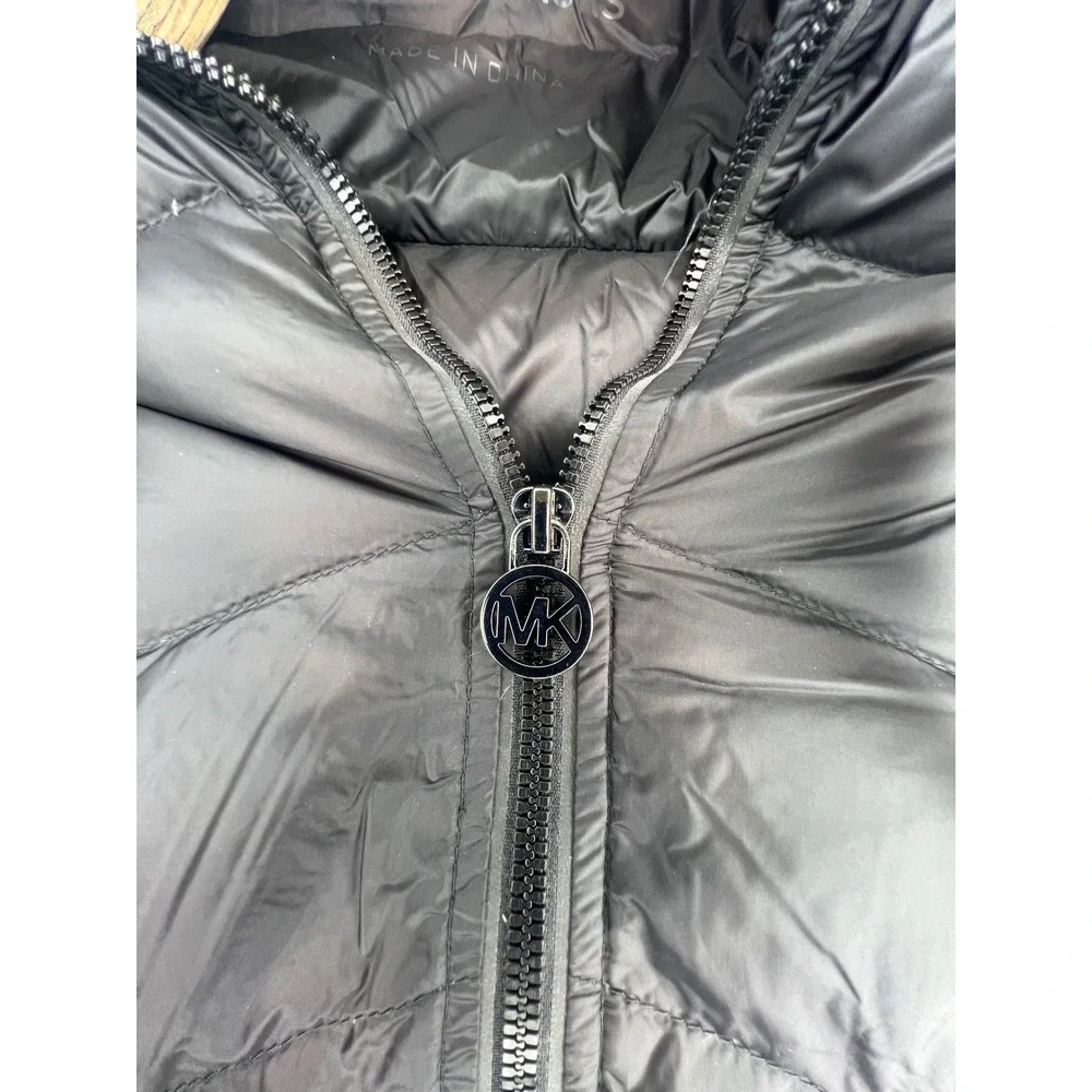 Michael Kors Womens Hybrid Puffer Jacket Black Gray Hooded‎ Thumbholes Large